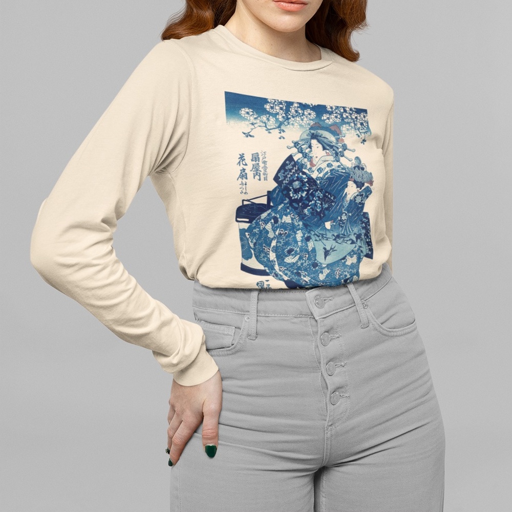 Japanese Courtesan VTG Ukyio-e Print Long Sleeve Graphic Tee T-shirt S M L XL